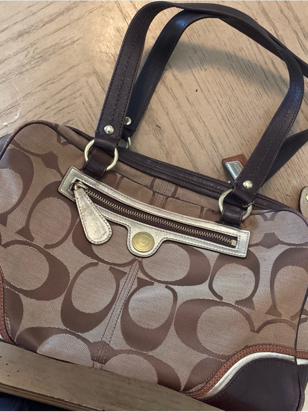 Coach Brown Signature Canvas Shoulder Bag with Gold Trim